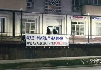 Banner Reading “47.3 Billion Tenge for a Name. #CANCELELBASY” Appears in Almaty
